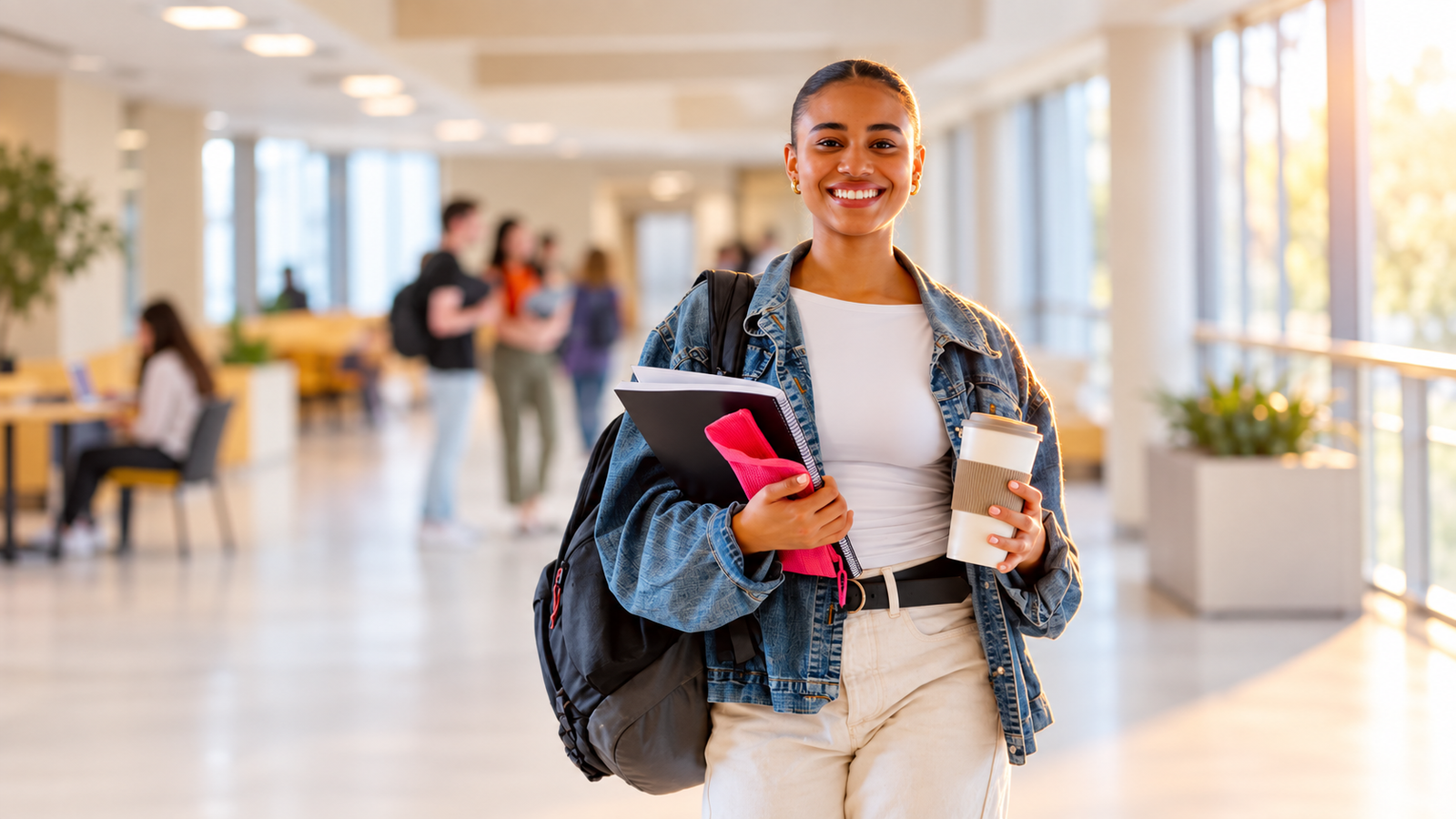 Estudante com mochila e materiais de estudo em um ambiente universitário